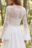 Ivory Illusion Neck A Line Long Sleeves Sweep Train Beach Wedding Dress with Slit