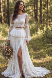 Sweep Train Ivory Boat Neck 2 Piece Ruffled Lace Boho Wedding Dress with Slit