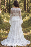 Sweep Train Ivory Boat Neck 2 Piece Ruffled Lace Boho Wedding Dress with Slit