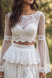 Sweep Train Ivory Boat Neck 2 Piece Ruffled Lace Boho Wedding Dress with Slit