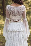 Sweep Train Ivory Boat Neck 2 Piece Ruffled Lace Boho Wedding Dress with Slit