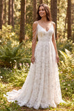 Ivory Cold Shoulder A Line Floral Sweep Train Boho Wedding Dress