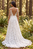 Ivory Cold Shoulder A Line Floral Sweep Train Boho Wedding Dress