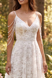 Ivory Cold Shoulder A Line Floral Sweep Train Boho Wedding Dress
