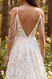 Ivory Cold Shoulder A Line Floral Sweep Train Boho Wedding Dress