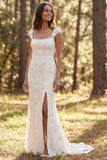 Ivory Floral Sweep Train Boho Square Neck Wedding Dress with Slit