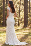 Ivory Floral Sweep Train Boho Square Neck Wedding Dress with Slit