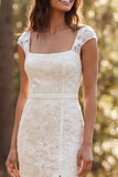 Ivory Floral Sweep Train Boho Square Neck Wedding Dress with Slit
