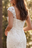 Ivory Floral Sweep Train Boho Square Neck Wedding Dress with Slit