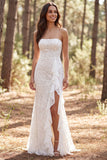 Mermaid Ivory Lace Ruffled Sweep Train Boho Wedding Dress