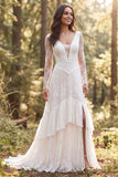 Sweep Train Ivory Long Sleeves Ruffled A Line Boho Wedding Dress with Slit