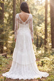 Sweep Train Ivory Long Sleeves Ruffled A Line Boho Wedding Dress with Slit