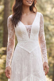 Sweep Train Ivory Long Sleeves Ruffled A Line Boho Wedding Dress with Slit