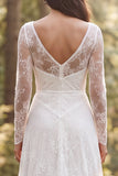 Sweep Train Ivory Long Sleeves Ruffled A Line Boho Wedding Dress with Slit