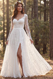 Ivory A Line Long Sleeves Sweep Train Boho Wedding Dress with Slit