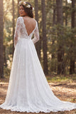 Ivory A Line Long Sleeves Sweep Train Boho Wedding Dress with Slit