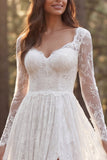 Ivory A Line Long Sleeves Sweep Train Boho Wedding Dress with Slit