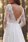 Ivory A Line Long Sleeves Sweep Train Boho Wedding Dress with Slit