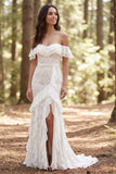 Off the Shoulder Ruffled Ivory Mermaid Sweep Train Boho Wedding Dress