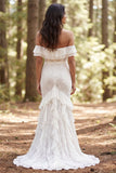 Off the Shoulder Ruffled Ivory Mermaid Sweep Train Boho Wedding Dress