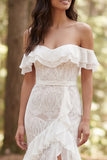Off the Shoulder Ruffled Ivory Mermaid Sweep Train Boho Wedding Dress