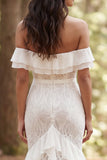 Off the Shoulder Ruffled Ivory Mermaid Sweep Train Boho Wedding Dress