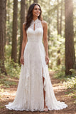 Ivory High Neck A Line Lace Sweep Train Boho Wedding Dress with Slit
