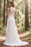 Ivory High Neck A Line Lace Sweep Train Boho Wedding Dress with Slit