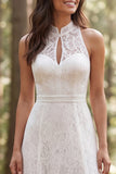 Ivory High Neck A Line Lace Sweep Train Boho Wedding Dress with Slit