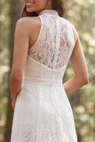 Ivory High Neck A Line Lace Sweep Train Boho Wedding Dress with Slit