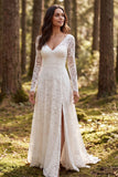 Ivory A Line Lace Long Sleeves Sweep Train Boho Wedding Dress