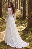 Ivory A Line Lace Long Sleeves Sweep Train Boho Wedding Dress