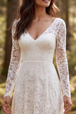 Ivory A Line Lace Long Sleeves Sweep Train Boho Wedding Dress