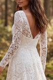 Ivory A Line Lace Long Sleeves Sweep Train Boho Wedding Dress