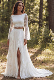 Two Piece Ivory Chiffon Boat Neck Ruffled Sweep Train Beach Wedding Dress