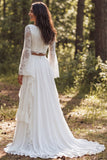 Two Piece Ivory Chiffon Boat Neck Ruffled Sweep Train Beach Wedding Dress