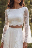 Two Piece Ivory Chiffon Boat Neck Ruffled Sweep Train Beach Wedding Dress