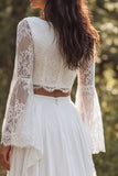 Two Piece Ivory Chiffon Boat Neck Ruffled Sweep Train Beach Wedding Dress