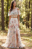 A Line Sweep Train Ivory Two Piece Floral Boho Wedding Dress with Slit