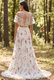 A Line Sweep Train Ivory Two Piece Floral Boho Wedding Dress with Slit