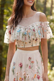 A Line Sweep Train Ivory Two Piece Floral Boho Wedding Dress with Slit