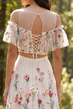 A Line Sweep Train Ivory Two Piece Floral Boho Wedding Dress with Slit