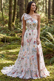 One Shoulder Ivory A Line Floral Sweep Train Boho Wedding Dress with Bow
