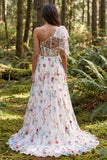 One Shoulder Ivory A Line Floral Sweep Train Boho Wedding Dress with Bow
