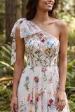 One Shoulder Ivory A Line Floral Sweep Train Boho Wedding Dress with Bow