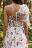 One Shoulder Ivory A Line Floral Sweep Train Boho Wedding Dress with Bow