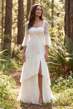 Square Neck Ivory Lace Mermaid Flare Sleeves Sweep Train Boho Wedding Dress