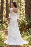 Square Neck Ivory Lace Mermaid Flare Sleeves Sweep Train Boho Wedding Dress