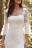 Square Neck Ivory Lace Mermaid Flare Sleeves Sweep Train Boho Wedding Dress