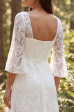 Square Neck Ivory Lace Mermaid Flare Sleeves Sweep Train Boho Wedding Dress